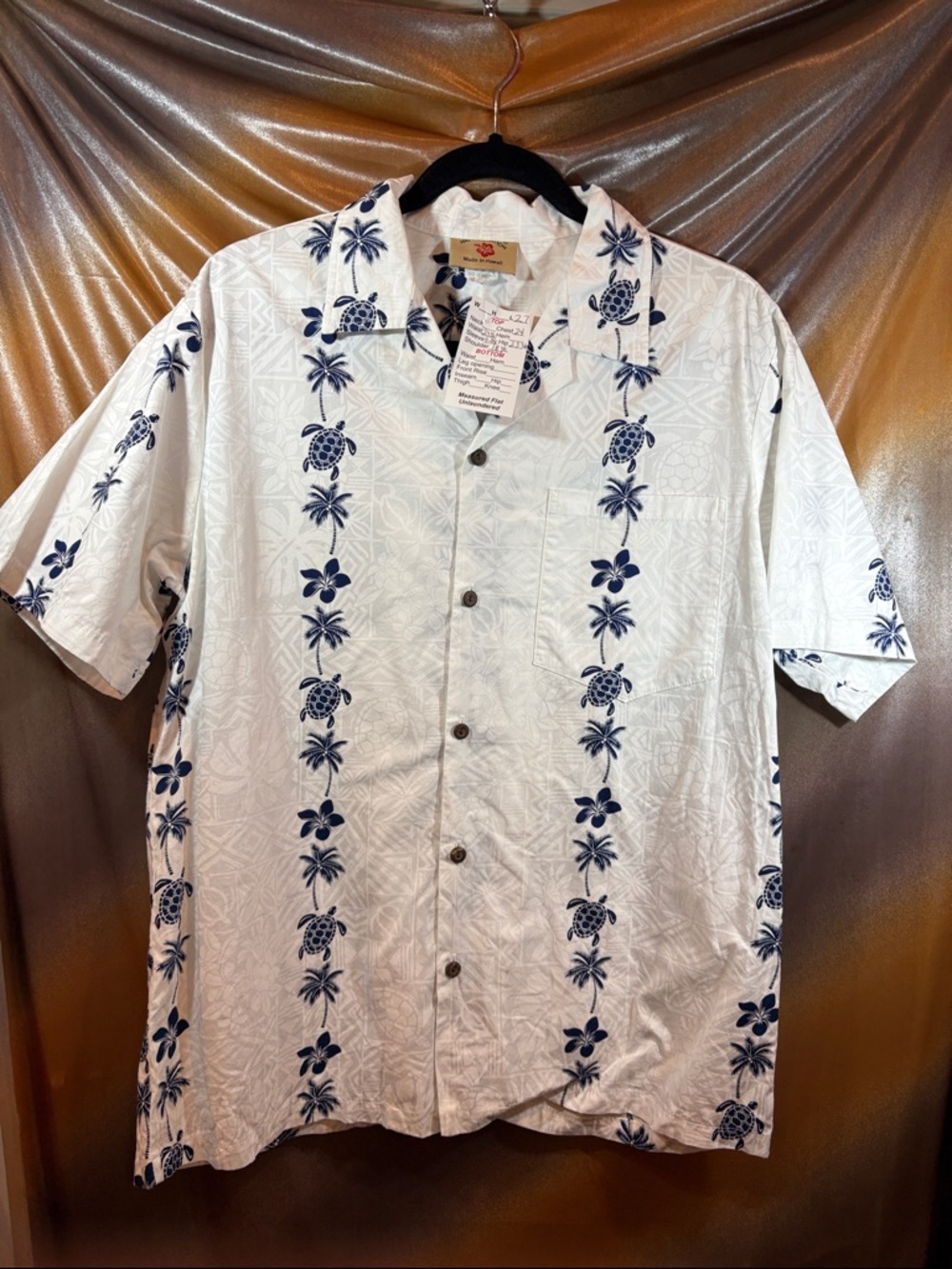 Men's Short-Sleeve Hawaiian Button-Down Shirt - White‎ with Navy Turtle Print